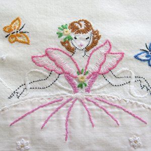EMBROIDERY PILLOWCASE Vintage Lady with Butterflies Hand Made